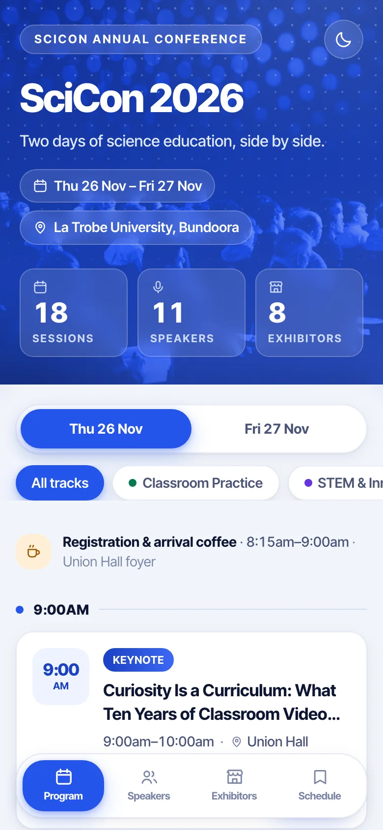 ConferKit attendee app showing a live two-day conference program
