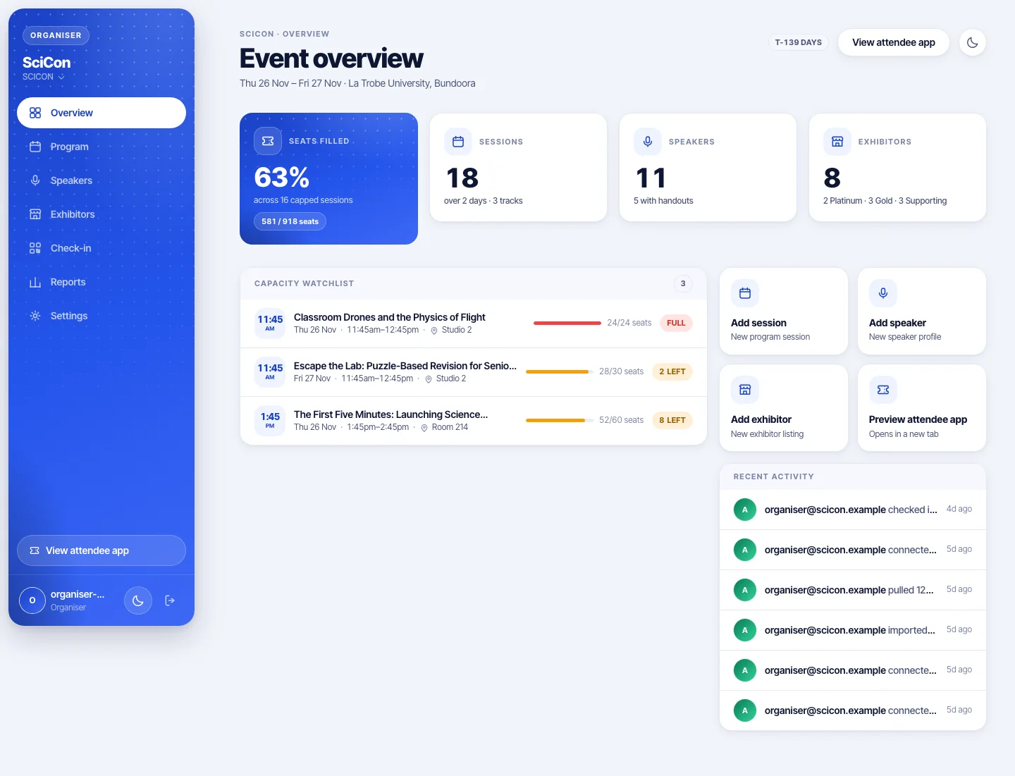 ConferKit organiser dashboard with event stats and check-in numbers